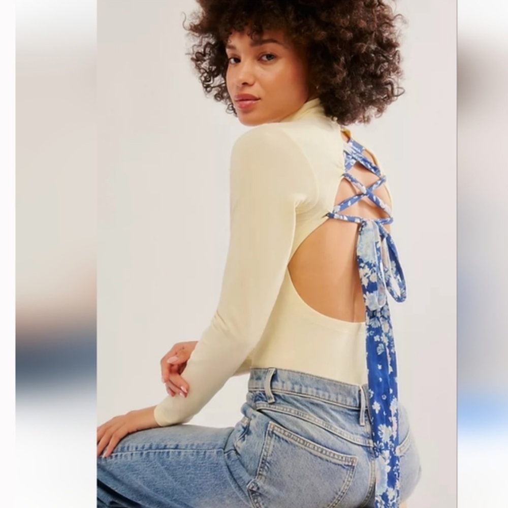 Free People Cream Long-Sleeve Lace-Up Back Bodysuit with Blue Floral Tie